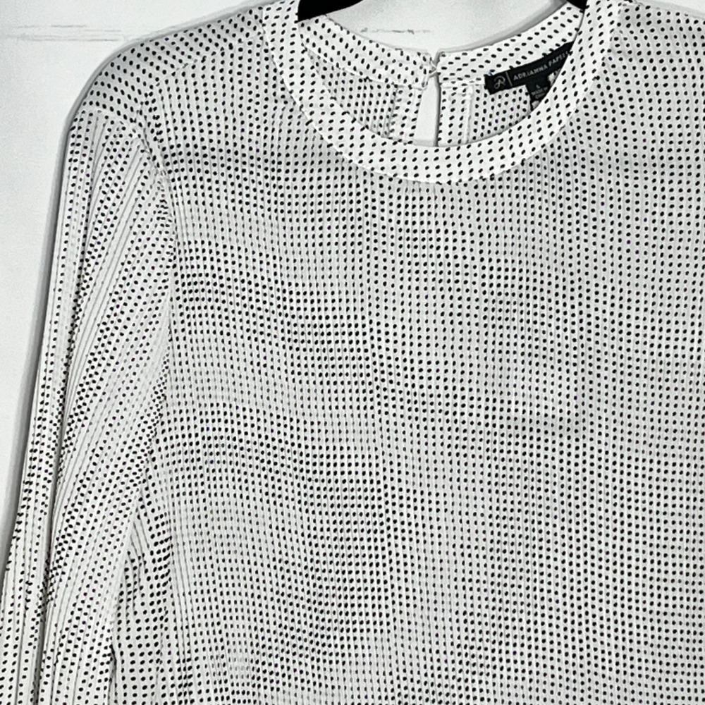 Adrianna Papell Women Pleated Georgette Blouse Polka Dot White Black L NWT - Picture 3 of 10